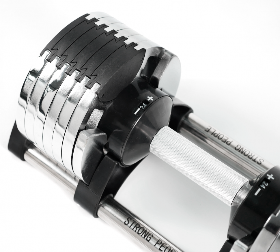 Регулируемые гантели хромированные StrongPeople 24 кг (2 штуки, шаг 2 кг) со стойкой (комплект)